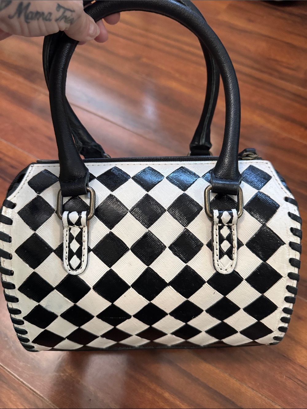 Black & White Checkered speedy hand painted  Handbag w/crossbody strap